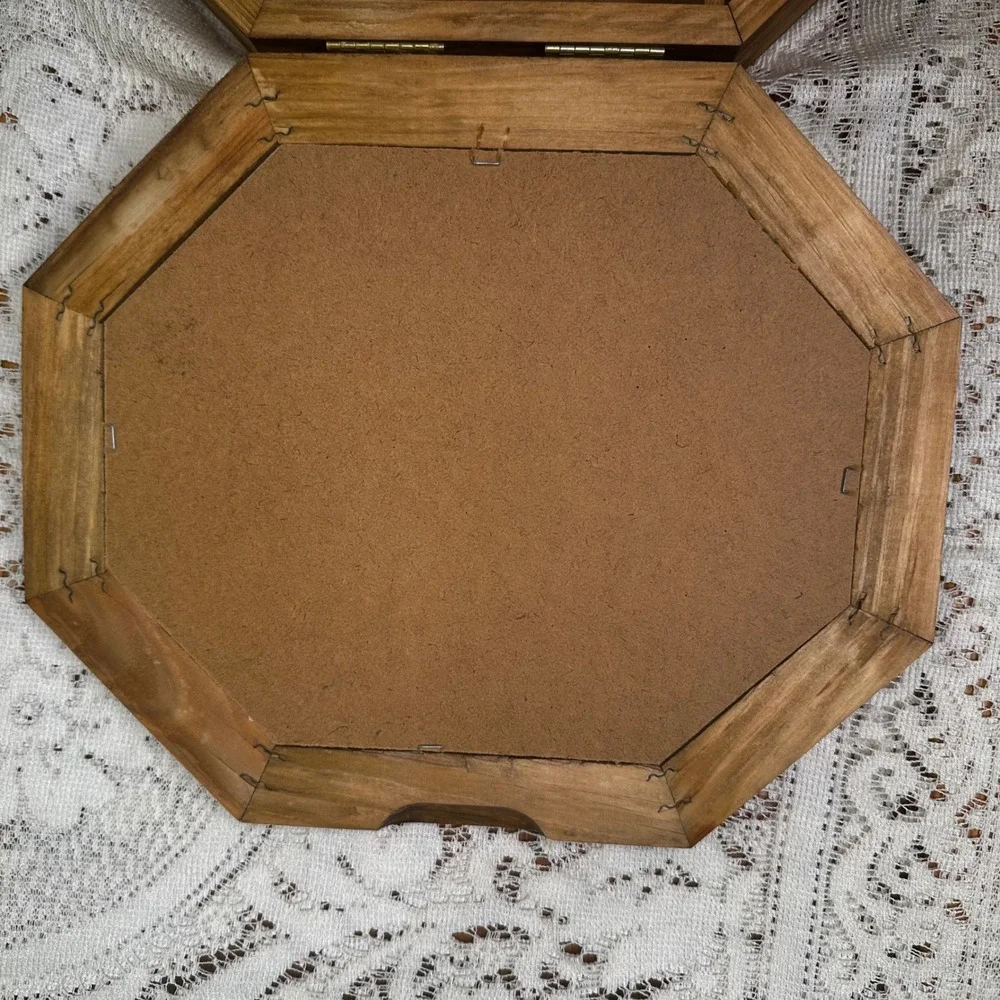 Vintage Octagonal Wood Jewelry Box Floral Heart Shadow Box Glass Top Organizer